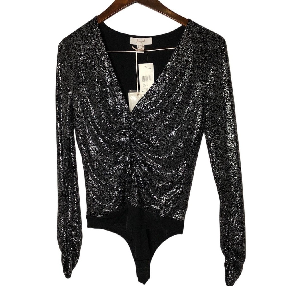 Scripted Bodysuit Womens Size S Black Silver Glitter‎ Ruched V-Neck Long